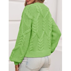 Saodimallsu Womens Cable Knit Cropped Sweater Fall Chunky Puff Long Sleeve Crewneck Loose Casual Pullover Tops Green