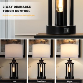 Black Living Room Lamps Set of 2, 3 Way Dimmable Touch Control Farmhouse Table Lamps with 2 USB Ports, Retro Bedside Lamp with 2 LED Nightlight,Rustic Bedroom Lamp for Nightstand(4 LED Bulbs Included)