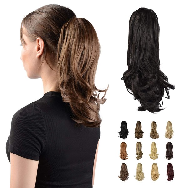 Sofeiyan 13" Ponytail Extension Long Curly Ponytail Clip in Claw Hair Extension Natural Looking Synthetic Hairpiece for Women, Darkest Brown