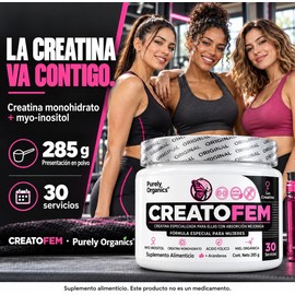 CreatoFEM Creatina para Mujeres Creatina Monohidratada + Inositol, Ácido Fólico, Arándano Rojo, Vit B9 y Miel de abeja orgánica Pre entreno y Post Entrenamiento 30 servicios, Sabor Ponche de Frutas Natural
