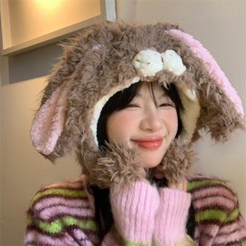 Cute Plush Rabbit Ear Balaclava Hat for Autumn/Winter - Thick & Warm (LF3469, Free Size) (56-59Cm) Beige 3ea