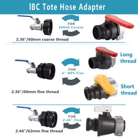 SNUTUYA 3-Size IBC Tote Adapter, 275-330 Gallon IBC Tote Tank Fittings 2.44" Fine、2“Fine and 2" Coarse Thread + Lead-free Garden Hose Faucet/Valve for Garden Hose Connector (304 Stainless Steel)