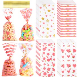 COQOFA 100 Pcs 5"X11" Cello Cellophane Treat Bags Party Favor bags Pink Candy Cookie Bags Clear Plastic Goodie Bags with Twist Ties for Gift,Baby Shower, Birthday, Wedding,Party