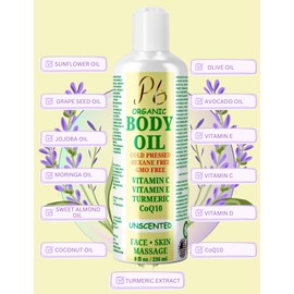 Organic Body Oil - Light, Non-Greasy, Perfect for Massage & Daily Use, with Jojoba, Olive, Moringa, Almond, Turmeric, Vitamin E, C, D & CoQ10 - Natural Moisturizer - 8 fl oz (Unscented)