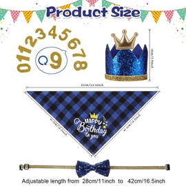 Crown Dog Birthday Hat, 4 Pieces, Cute Dog Birthday Hat and Bandana with Dog Bow Tie and Golden Numbers, Reusable for Pets Puppies Cats Small Medium Dogs (Blue)