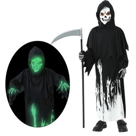 Angenster Grim Reaper Cosplay Costume, Halloween, Children's 3-Piece Set, Full Body Cosplay, Skull Skull, Costume, Luminous Costume, Ghosts, Cloak, Fear, Costume, Liver Testing, Christmas, School