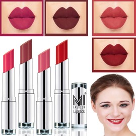 MI Fashion® Long-Lasting Moisturizer Matte Lipstick Makeup Combo of 4 Shades (Magenta,Red Alert,Brown Raisin & Pink Wink)