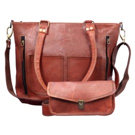 Madosh Womens Tote Handbag Genuine Leather Shoulder Purse Satchel Crossbody Ladies Brown Bag