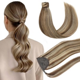 Youngsmile Ponytail Extension, Wrap Around Clip in Handmade Real Human Hair, Pony Tail Hair Extensions Hairpieces,80g 14inch,#4P27 Chocolate Brown Highlighted with Caramel Blonde (PT#4P27-14Inch)