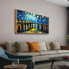 hyidecorart Large Size Canvas Wall Decor For Office Wood Framed Wall Art For Living Room Modern Bedroom Wall Decorations Night Scene Wall Paintings Abstract Blue Vintage Pictures Artwork Home Decor