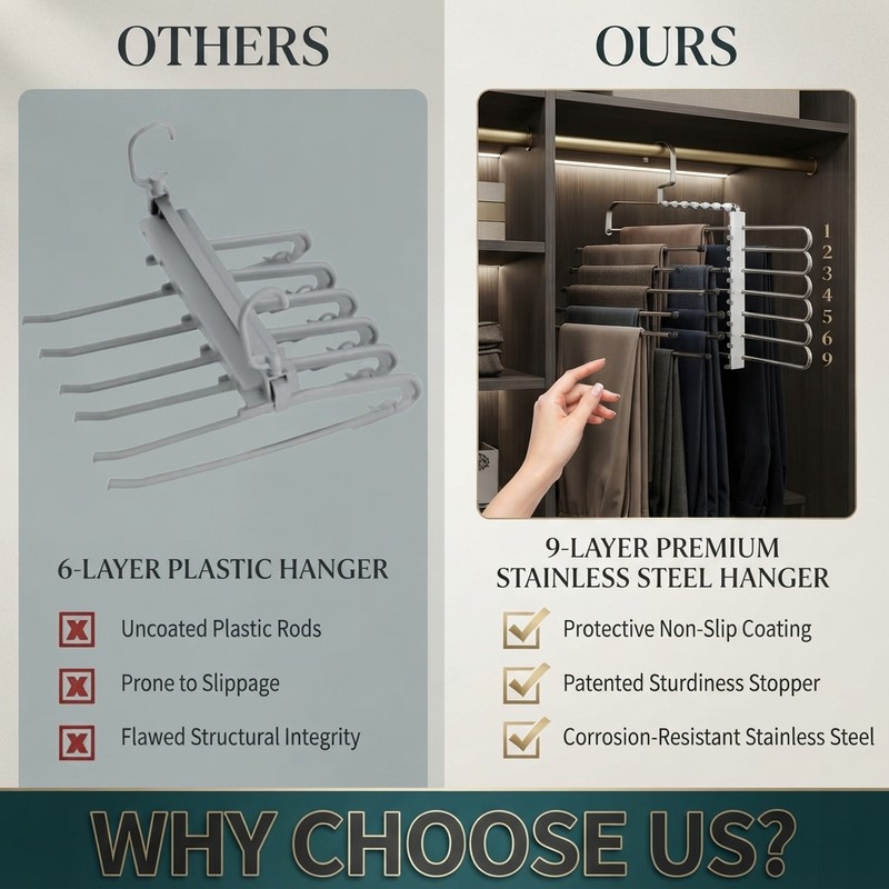 Space Saving Pants Hanger, 9-Tier Stainless Steel Closet Organizer with