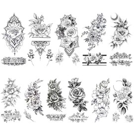 Glaryyears Flower Temporary Tattoos for Women, 11-Pack Henna Design Variety Pack Fake Tattoos, Long-lasting Rose Floral Realistic Tattoos for Arm Shoulder Chest Body Wrist