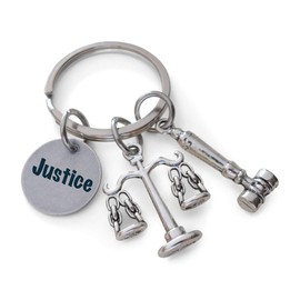 Custom Keychain with Engraved Tag and Scales of Law & Gavel Charm for Lawyer or Paralegal