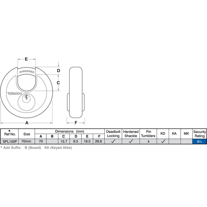 Sterling SPL100P 70mm Closed Shackle Disc Padlock with Stainless Steel