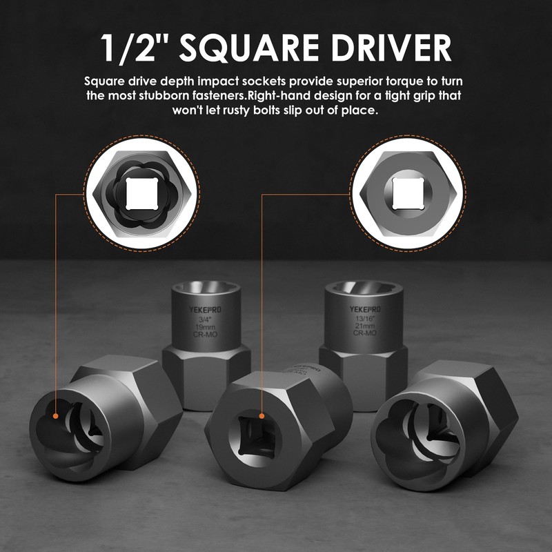 5-Piece Heavy Duty Bolt Extractor Set, 1/2" Drive Impact Lug
