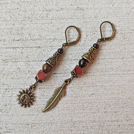 Bronze Tiger Eye Men Earrings Set of Two Feather Sun and Moon - Hematite Single Hippie Hoop Earrings Gemstone - Dangle Pirate Men's Earring - Tribal Man Earring