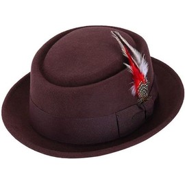 ZAFS Mens Pork Pie Wools Hats Crushable Felt Straw Summer Beach Feather Trilby Hats-Brown-S