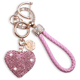 Leery Crystal Heart Keychain for Women Mom Gift Key Chain with Wrist Strap Gold-Plated Alloy Car Keys Backpack Accessories (Pink)