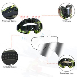 ZukMi Dirt Bike Goggles ATV Motocross Goggles Motorcycle Goggles MX Off Road Goggles for Men Women Adult Youth Riding Racing (green Frame+clear lens)