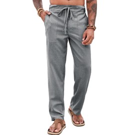 Runcati Mens Casual Pants Elastic Waist Drawstring Pants Lightweight Summer Beach Yoga Linen Trousers (US, Alpha, X-Large, Regular, Regular, Dark Grey)