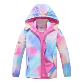 MGEOY Girls Rain Jacket Lightweight Waterproof Hooded Fleece Lined Raincoat Windbreakers for Kids Rainbow 8/9