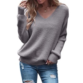 Imily Bela Women's V-Neck Pullover Long Sleeve Tops Oversized Chunky Knitted Loose Pullover Oversize Sweater Tops, gray, M