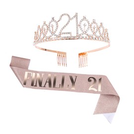 Topfunyy Finally 21 Rose Gold Sash and Crystal Tiara Set - 21st Birthday Party Decorations