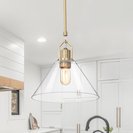 Edvivi 1-Light Kitchen Pendant Light with Clear Cone Glass Shade, Adjustable Rods Modern Hanging Ceiling Lighting Fixture for Kitchen Island, Sink, Dining Room, Vintage Brass Finish, 11.5 in.