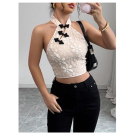 OYOANGLE Women's Floral Jacquard Halter Crop Top Sleeveless Backless Elegant Cheongsam Tops Khaki Medium