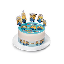 Kardasis Minions Tortenaufleger mit Papierfiguren | Essbarer Aufleger für Torten und Kuchen | Tortendekoration für den Minions Themengeburtstag | 20cm+ 4 band 28x4cm + 5 Figuren