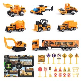 Jenilily Construction Vehicle Toy Car Set Play Mat, Long Truck, Forklift, Bulldozer, Excavator, Mixer, Dump Truck, Alloy Car Toys for 3 4 5 6 Years Old Toddlers Kids Boys