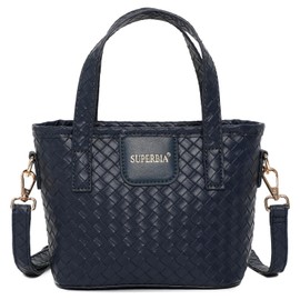 Superbia Small Vegan Leather Woven Bag,Top Handle, Cross Body,Handcrafted Design,Light weight (Navy)