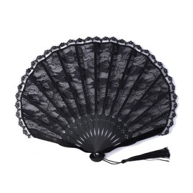 Royal Hong Beauty Japanese Chinese Bamboo Folding Bridal Hand Fan, Black Lace Fans for Women, Handmade Vintage Retro Fan Foldable Handheld for Wedding Tea Party Dancing Decorations-Round Black Lace