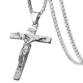 Axmerdal Stainless Steel Cross Necklace Jesus Christ Crucifix Cross Lord's Prayer Pendant for Men&Women 24 iNCH BOX CHAIN (silver)