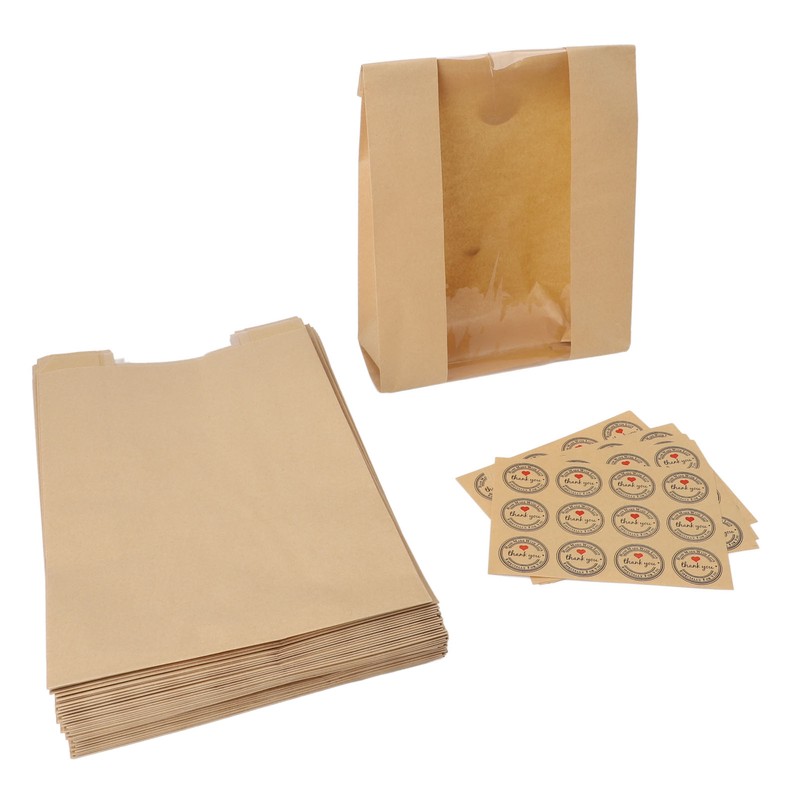 50PCS Bread Bag Kraft Paper Transparent Window Baked Food Packaging