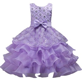 DreamHigh Wedding Flower Girl's Ruffles Lace Cute Bow Waist Evening Dress up Purple 5-6 Years