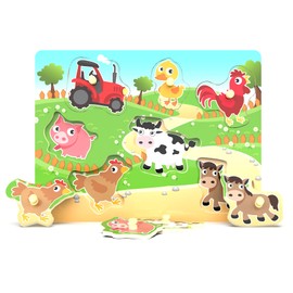 Wooden Puzzles Farm Chunky Baby Puzzles Peg Board, Full-Color Pictures for Preschool Educational Jigsaw Puzzles, 7Pieces