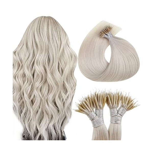 Hetto Nano Human Hair Extensions Platinum Blonde Human Hair Nano Extensions Real Remy Hair Nano Beads Extensions Long Straight #60 50Strands 22Inch 50g