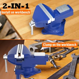 Shangyoyi 2-in-1 Bench Vise For Workbench 3.2"- Multi-functional Portable 360° Swivel Base Bench Clamp On Vice/Table Vise For Woodworking, Cutting Conduit, Drilling, Metalworking, Blue