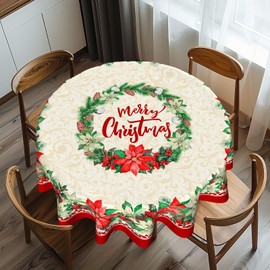Merry Christmas Round Tablecloth 60 Inch Red Green Floral Wrinkle Free Tablecover Xmas Decorative Circle Table Cloth for Holiday Outdoor Indoor Party