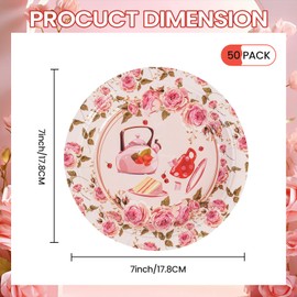 BOKFJBP 50pcs Tea Party Paper Plates, Tea Party Birthday Supplies Floral Garden Teapot Teacups Tableware Party Decorations for Girls Birthday Party, Graduation, Wedding, Christmas (Floral, 7in)