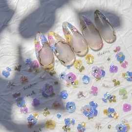 Flower Nail Stickers Decal 5D Embossed Colorful Flower Rhinestone Nail Designs Laser Nail Stickers for Women Self-Adhesive Nail Art Supplies