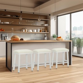 Sophia & William Bar Stools Set of 2, Solid Wood Backless Stools with PU Leather Cushion, 24 Inch Counter Height Upholstered Barstools for Kitchen Island, White