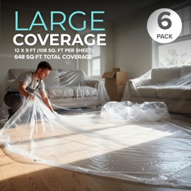 12 x 9 Ft Drop Cloths (6-Pack) – Plastic Sheeting & Painters Plastic Tarps for Painting, Waterproof Floor & Furniture Protection