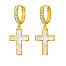 INURAN Cross Earrings for Women 925 Sterling Silver Mother of Pearl Cross Hoop Dangle Earrings 14K Gold Plated Jewelry Birthday Gifts
