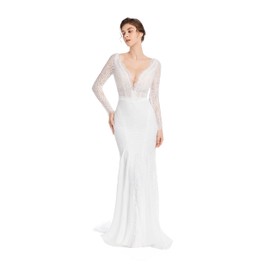 Sorayan Mermaid Wedding Dresses for Bride Classy lace Boho Long Sleeve Open Back Bohemian Wedding Gowns (Medium,White)