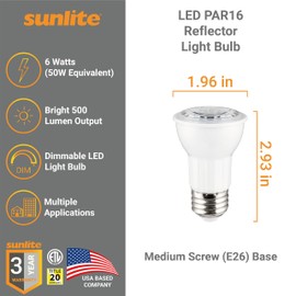 Sunlite LED PAR16 Long Neck Recessed Spotlight Light Bulb, 6 Watts (50W=), 500 Lumens, Medium E26 Base, Dimmable, 90 CRI, Energy Star, ETL Listed, Title-20 Compliant, 2700K Soft White, 6 Count