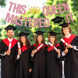 This Queen Mastered It Banner, Congrats Grad/She Mastered That Banner, She Did It/Master’s Degree Survivor, 2025 Master College Graduation Party Decorations Supplies for Girls Women
