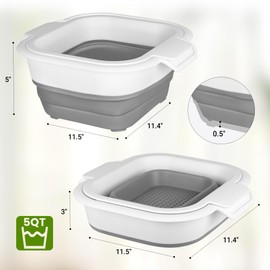 ROTTOGOON Collapsible Colander Set with Strainer Bowl, 2 in 1 Fruit Washing Basket with Strainer, 5 + 3 QT Plastic Colanders for Kitchen, Foldable Double Layered Colanders Bowl for Vegetable, Grey