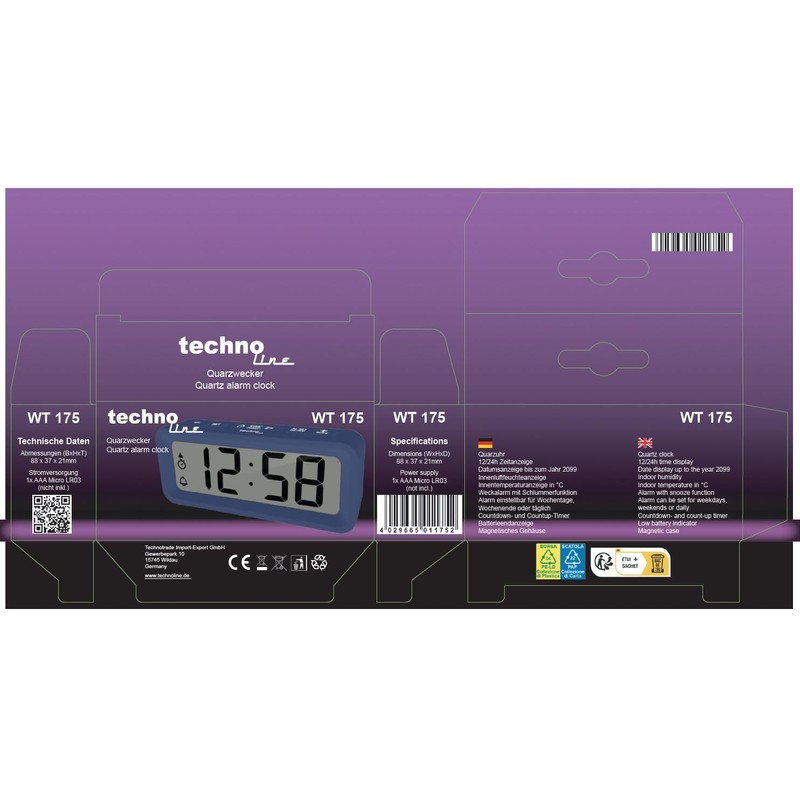 Technoline WT 175 Digital Quartz Alarm Clock with Snooze, Timer,